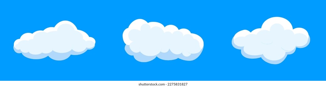 White cartoon clouds set isolated on blue background. Collection of different clouds for background template, wallpaper and fluffy sky design. Flat clouds concept. Clouds vector illustration