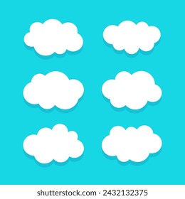 White Cartoon Clouds With Shadow On Blue Sky Background Vector Illustration Set