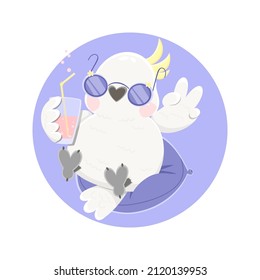 A white cartoon cockatoo sits in an inflatable circle and holds a glass with a cocktail. The bird is wearing sunglasses. Vector parrot.