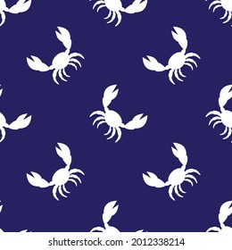 White cartoon crab with big claws on blue background seamless pattern vector illustration.