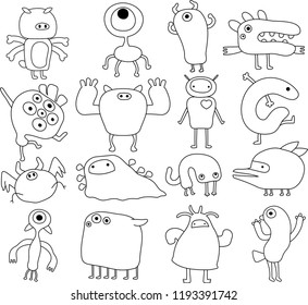 White cartoon cute monster vector set