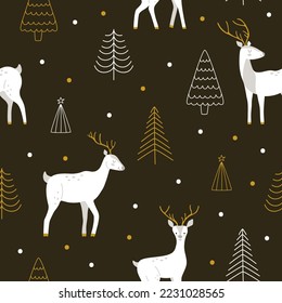 White cartoon deer characters in different poses with Christmas trees on a brown background. Seamless vector winter pattern for fabric, wallpaper, branding, and wrapping. Print for gifts for the New