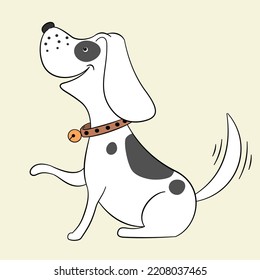 A White Cartoon Dog With Black Polka Dots Sits Down And Raises Its Front Legs, Wags Its Tail, Smiles Happily, Cute, Vector Illustration