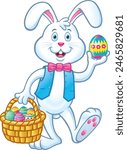 White cartoon Easter bunny with pink bow tie and blue vest holding an Easter basket filled with colored egss while holding up another.