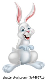 A white cartoon Easter bunny rabbit mascot character