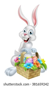 A white cartoon Easter bunny rabbit mascot character holding an Easter basket full chocolate Easter eggs an Easter egg hunt