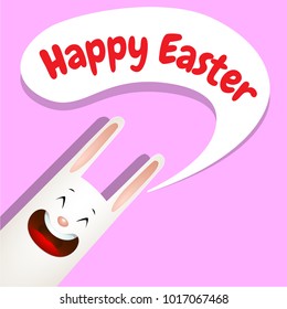 White cartoon Easter rabbit peeks around the corner and says Happy Easter. Vector