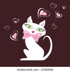 White cartoon female cat illustration. Without gradients.