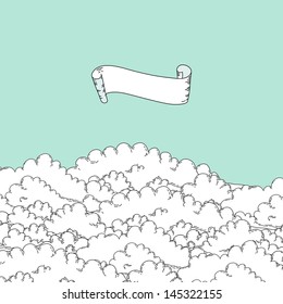 White cartoon  fluffy clouds in the blue sky with a ribbon banner background, vector