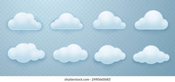 White cartoon fluffy rounded cumulus clouds with shadows in 3D style. Vector illustration.