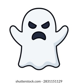 A white cartoon ghost with a classic wavy bottom, featuring dark, angry eyes and a scowling mouth, perfect for Halloween or spooky themes.