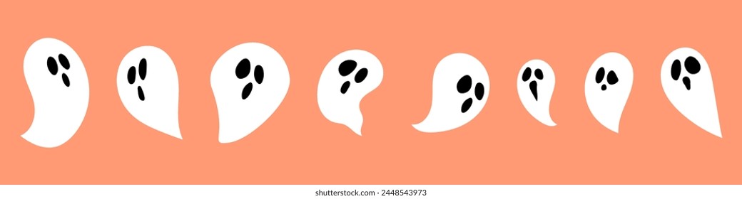 White cartoon ghost icons set for Halloween celebration. Flying ghost silhouette hand drawn illustrations. Vector isolated on background.