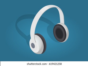 White cartoon headphones flat and shadow theme isolated on blue. Vector cartoon illustration of headphones icon for network design. Icon graphic concept for web banner, mobile, infographics.