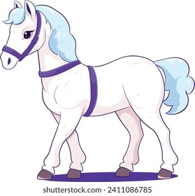 White cartoon horse with blue mane and purple halter standing. Cute stylized equine character for children's book. Animal illustration for kids, horse graphic vector illustration.