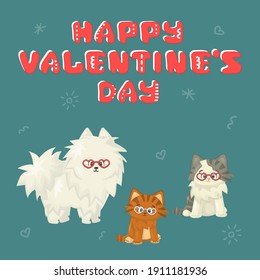 White cartoon isolated vector flat dog with two cats on blue or green background. One cat is white and gray, second is red with stripes. Everybody is in heart eyeglasses for Valentines day party