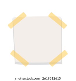 White cartoon note paper glued to four corners with adhesive tape. Funny empty sticker for notes and message with yellow sticky strips. Reminder mascot, cartoon cute notepad page vector illustration