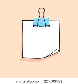 White cartoon note paper pinned with a blue paperclip. Hand drawn doodle notepaper for messages. Vector illustration