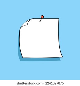White cartoon note paper pinned with a red pin. Hand drawn doodle notepaper for messages. Vector illustration