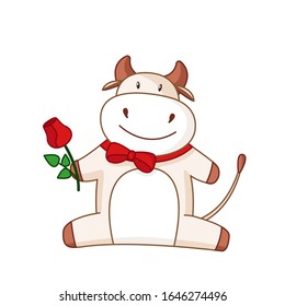 White cartoon ox, bull or cow kawaii character with red rose flower and tie bow, isolated on white for calendar, poster, greeting card, 2021 symbol, cute farm animal - vector illustration