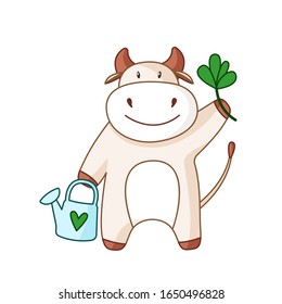 White cartoon ox, bull or cow kawaii summer character with plant ant watering can for garden isolated on white for calendar, poster, greeting card, 2021 symbol, cute farm animal - vector illustration