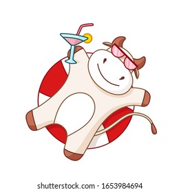 White cartoon ox, bull or cow in sunglasses and summer cocktail, kawaii cartoon character swims and sunbathes, isolated on white for poster card, 2021 symbol, cute farm animal - vector