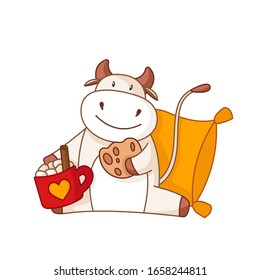 White cartoon ox, bull or cow with hot autumn beverage, cookie and cozy pillow, cartoon november character isolated on white for poster, greeting card, 2021 symbol, cute farm animal - vector