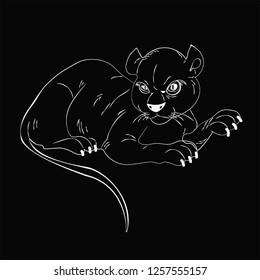 White cartoon panther on a black background. Vectorial illustration of animal