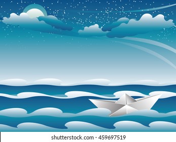 White cartoon paper boat sailing on the sea.