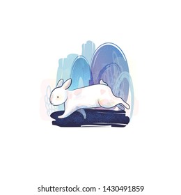 White cartoon rabbit runs on the background of abstract forest. Fairy-tale children's illustration in blue shades.