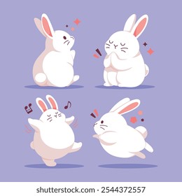 Conjunto de Vector de conejos de dibujos animados blancos. Colección de conejito plana y linda. Divertida mascota animal de granja. Ilustraciones del conejo de Pascua aisladas en fondo púrpura.