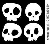 White cartoon skull icon illustration. Comic style. T-shirt print for Horror or Halloween. Hand drawing illustration isolated on black background. Vector EPS 10