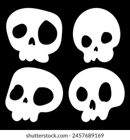 Ilustración blanca del icono de la calavera de dibujos animados. Estilo cómico. Estampado de camiseta para Horror o Halloween. Ilustración de dibujo a mano aislada sobre fondo negro. Vector EPS 10