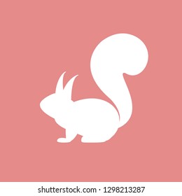 white cartoon squirrel icon isolated on pink. Vector flat animal silhouette.  Wild simple logo. Forest animal. Nature symbol.