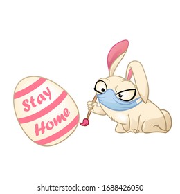 White cartoon style easter bunny is painting an easter egg, Stay home