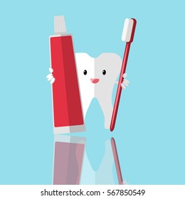 White cartoon tooth holding a toothbrush and toothpaste flat