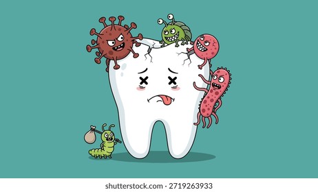 Un diente de dibujos animados blanco con una expresión triste y ojos X, rodeado de coloridos gérmenes y bacterias de dibujos animados, que simbolizan la caries dental y los problemas de salud bucal.