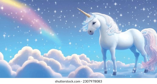 Weißer Cartoon Einhorn Pegasus Pony Pferd im Himmel.Kawaii süße Märchen süße Träume hellpastellfarbene, flauschige Regenbogen-Wolken am blauen Himmel mit Sternen.Kindergarten-Design.Kindermädchen-Tapete für Kinder