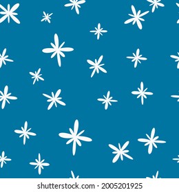White cartoonish stars and blue sky. Vector seamless wallpaper.