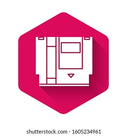 White Cartridge for retro game console icon isolated with long shadow. TV Game cartridge. Pink hexagon button. Vector Illustration