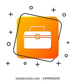 White Case or box container for wobbler and gear fishing equipment icon isolated on white background. Fishing tackle. Orange square button. Vector Illustration