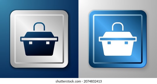 White Case or box container for wobbler and gear fishing equipment icon isolated on blue and grey background. Fishing tackle. Silver and blue square button. Vector