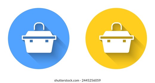 White Case or box container for wobbler and gear fishing equipment icon isolated with long shadow background. Fishing tackle. Circle button. Vector