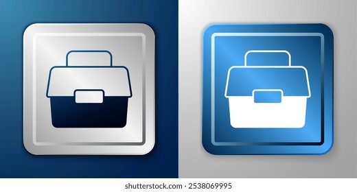 White Case or box container for wobbler and gear fishing equipment icon isolated on blue and grey background. Fishing tackle. Silver and blue square button. Vector