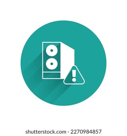 White Case of computer with exclamation mark icon isolated with long shadow background. Computer server. Workstation. Green circle button. Vector
