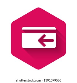 White Cash back icon isolated with long shadow. Credit card. Financial services, money refund, return on investment, savings account, currency exchange. Pink hexagon button. Vector Illustration