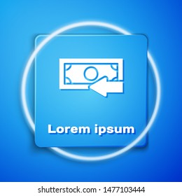 White Cash back icon isolated on blue background. Financial services, money refund, return on investment, savings account, currency exchange. Blue square button. Vector Illustration