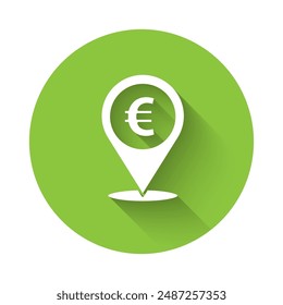 White Cash location pin icon isolated with long shadow. Pointer and euro symbol. Money location. Business and investment concept. Green circle button. Vector Illustration