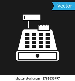 Máquina registradora de caja blanca con un icono de cheque aislado en fondo negro. Cartel de cajero. Símbolo de caja de seguridad.  Ilustración vectorial