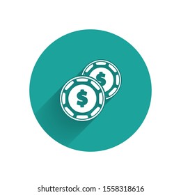 White Casino chip with dollar symbol icon isolated with long shadow. Casino gambling. Green circle button. Vector Illustration