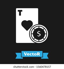 White Casino chip and playing cards icon isolated on black background. Casino poker.  Vector Illustration